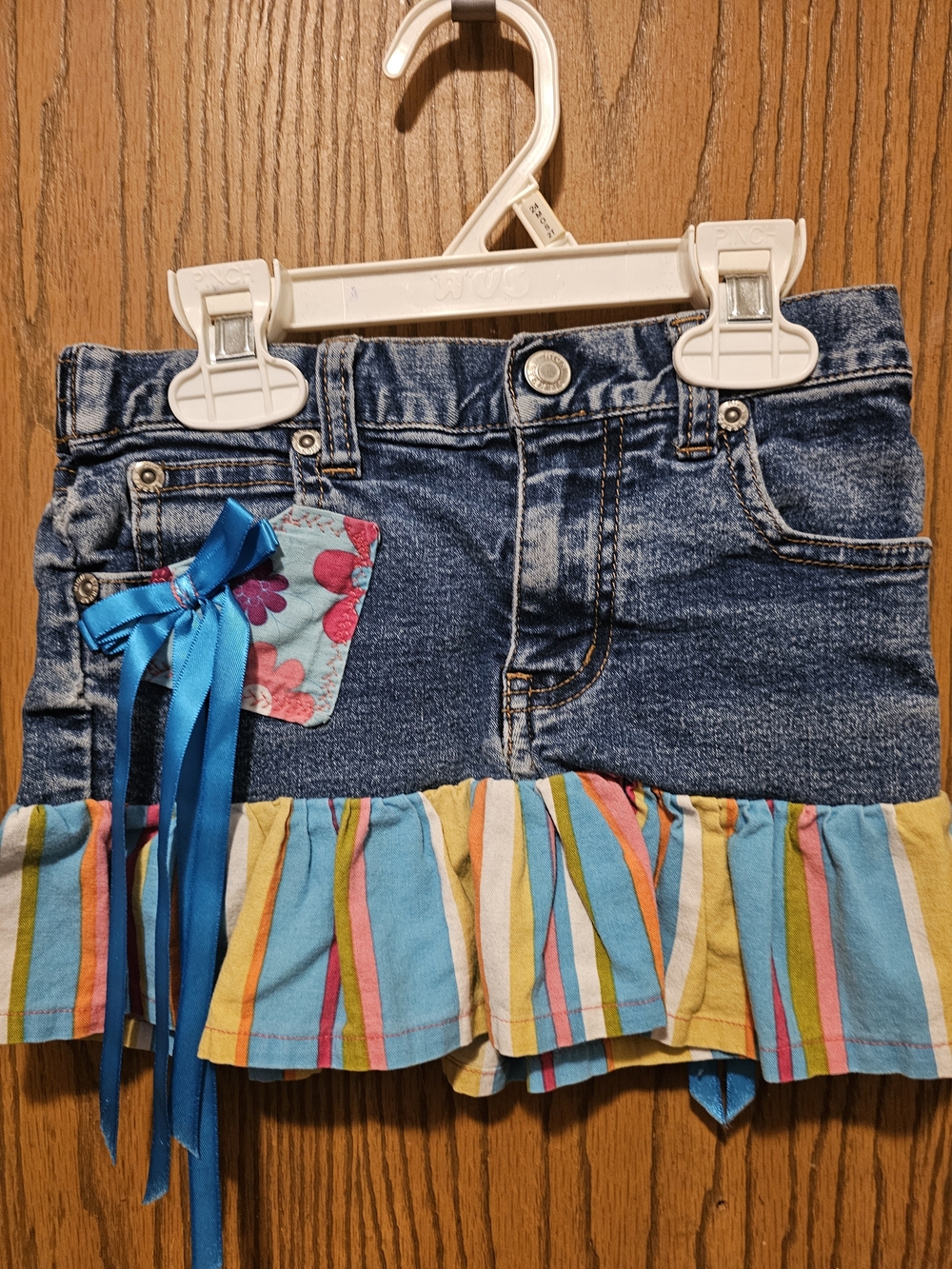 Girls' Denim Skirt with Blue Ribbon and Multicolor Stripe Ruffle